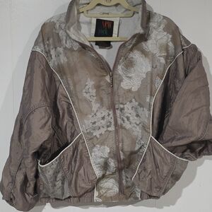 80s Mom Jacket Taupe Floral-Print Jersey Lined Lightweight Jacket